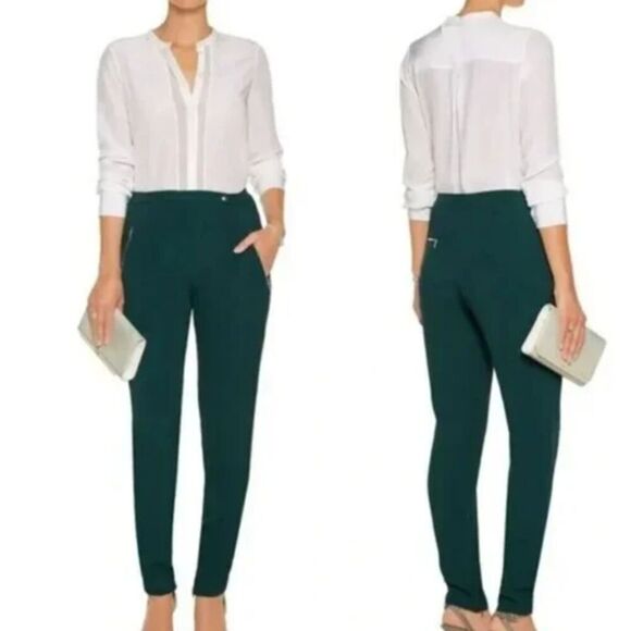 Sandro Paris Polina Crepe Emerald Green Pants Silver Hardware Zip Ankle Size 6 - Picture 1 of 12